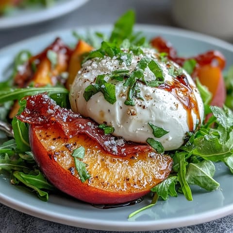 A vibrant summer salad with creamy burrata, juicy peach slices, and salty prosciutto on fresh greens, drizzled with balsamic glaze.