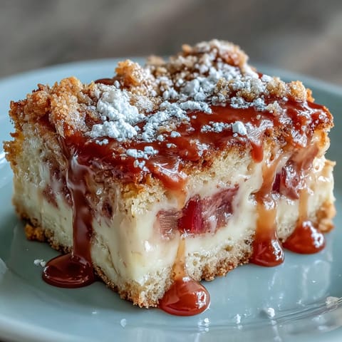 Golden rhubarb custard bars with buttery shortbread crust, dusted with powdered sugar for a springtime dessert.  