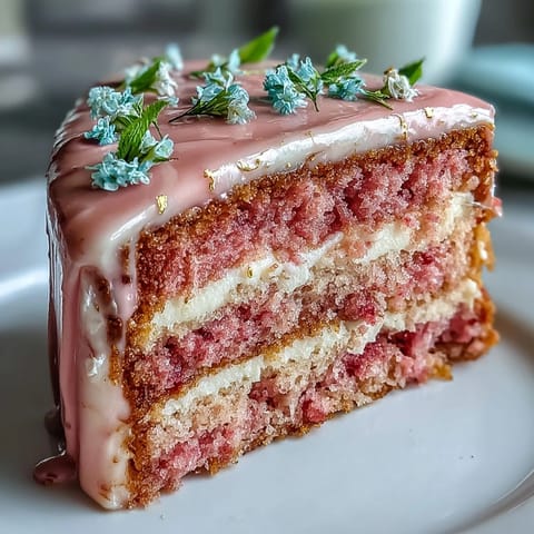 Elegant pink rosé velvet cake adorned with shimmering edible gold drip.
