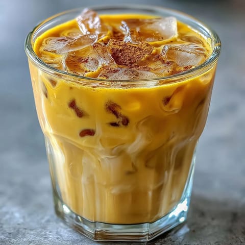 Vibrant Turmeric Golden Milk Iced Latte served over ice, a creamy, spiced, refreshing vegan delight.