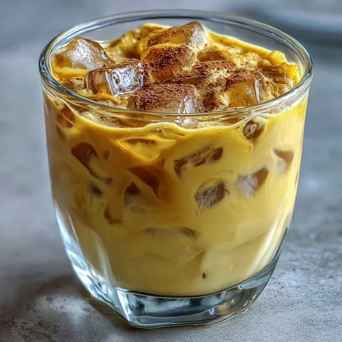 Refreshing Turmeric Golden Milk Iced Latte, photographed with a garnish, perfect for a mid-day energy boost.