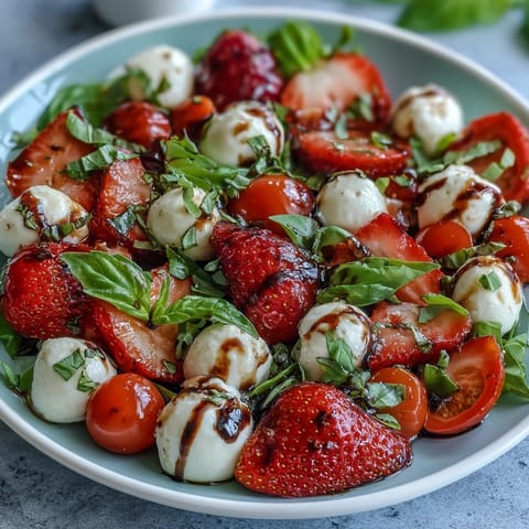 Vibrant Fresh Strawberry Caprese Salad featuring creamy mozzarella and balsamic drizzle.