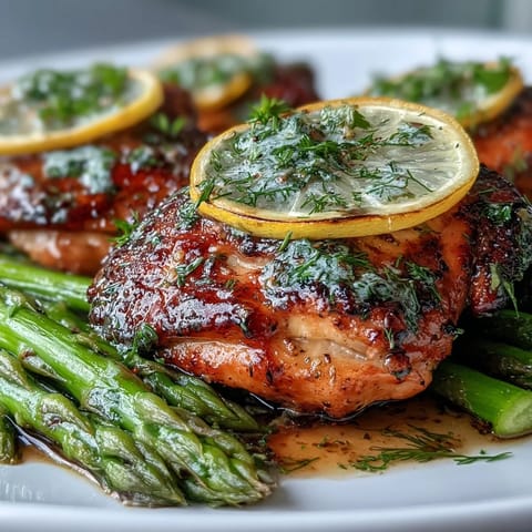 Juicy chicken and tender asparagus glistening with lemon-herb marinade on one pan.