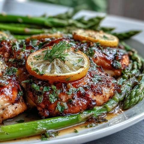 Golden roasted One-Pan Lemon Herb Chicken and Asparagus, a healthy weeknight dinner.