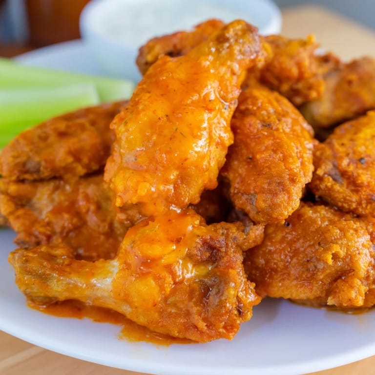 A pile of perfectly cooked Buffalo wings, dripping with sauce, a classic American appetizer.