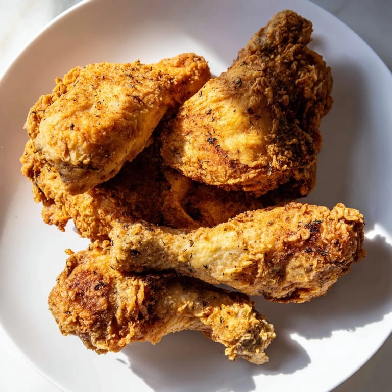 Close-up of freshly fried chicken, showing the enticing, seasoned crust before being served.