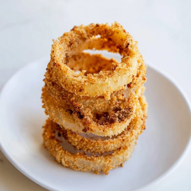 Hot, delicious onion rings stacked on a plate, tempting you to grab a flavorful bite.