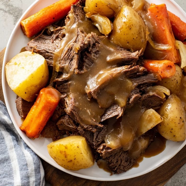 A close-up of a steaming Beef Pot Roast, showcasing juicy meat and flavorful, slow-cooked components.