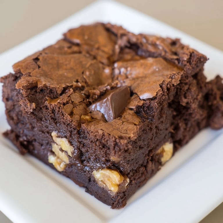 Square, chocolate brownies with a crackly top, hinting at a rich, intensely flavored cocoa experience.