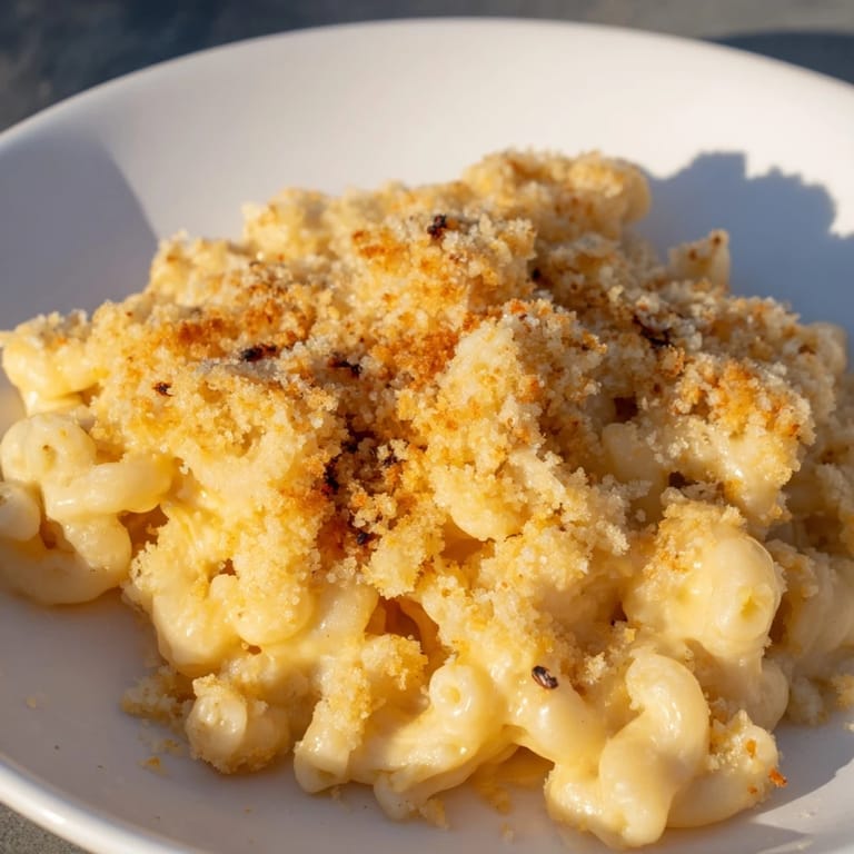 A close-up of creamy, cheesy mac and cheese, with a crispy, golden breadcrumb topping.
