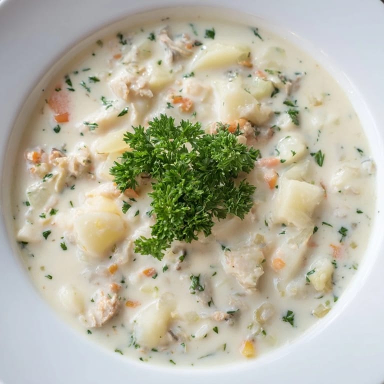 This warm and hearty Clam Chowder features chunky potatoes and tender clams, ready to be enjoyed.