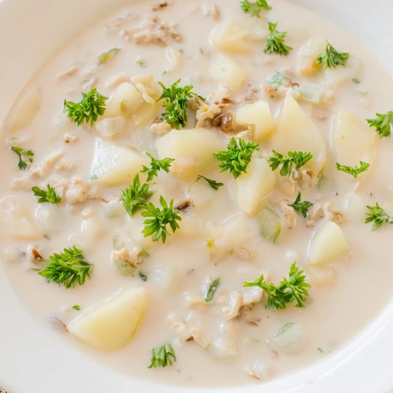 Enjoy a close-up of delicious New England Clam Chowder, perfectly seasoned and ready to eat with bread.