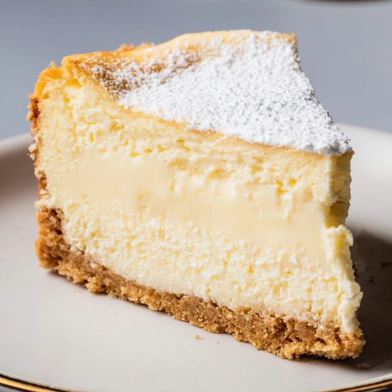 This New York Cheesecake displays a golden-brown crust and a smooth, irresistible filling.