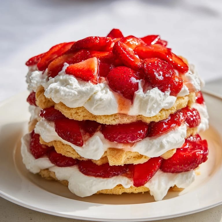 Close-up of a perfect strawberry shortcake with ripe, red berries spilling over fluffy biscuit layers.