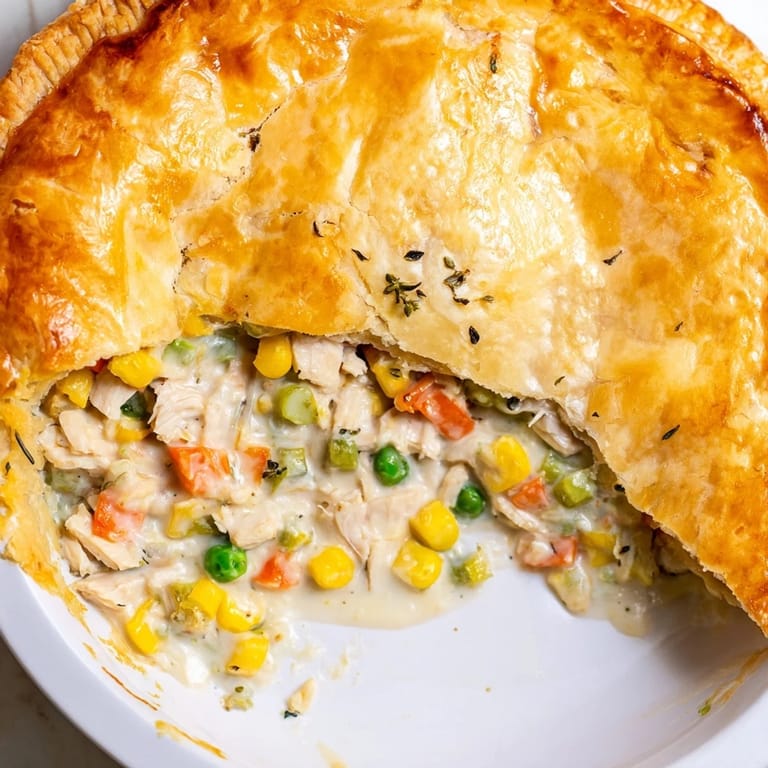 A warm, comforting Chicken Pot Pie, featuring a rich, creamy filling beneath golden pastry.