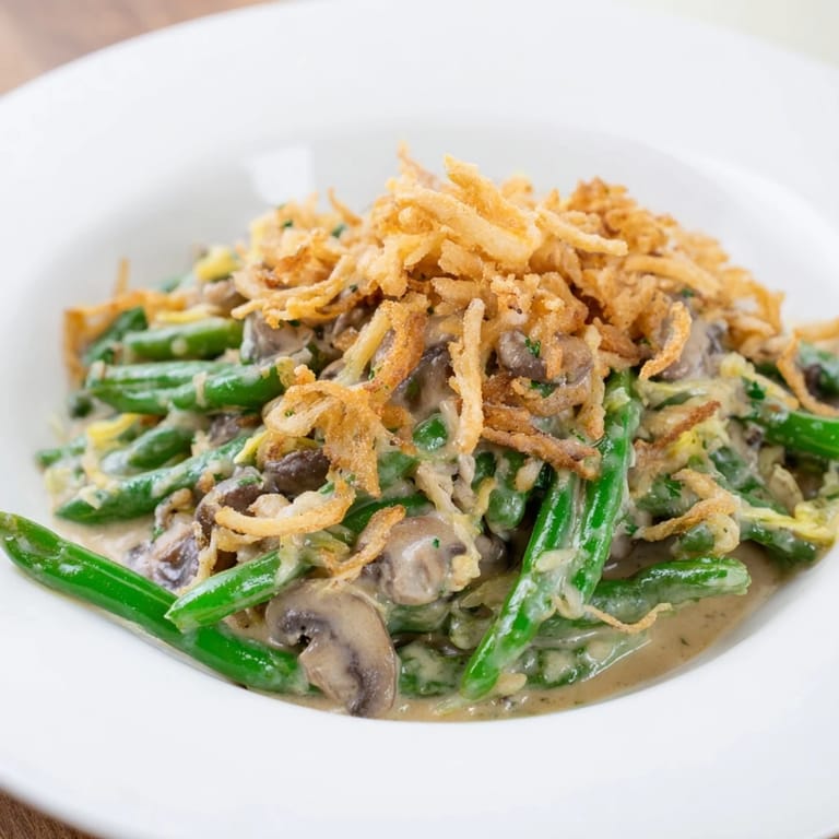 Creamy mushroom-covered green beans baked to perfection, topped with crispy onions, forming Green Bean Casserole.