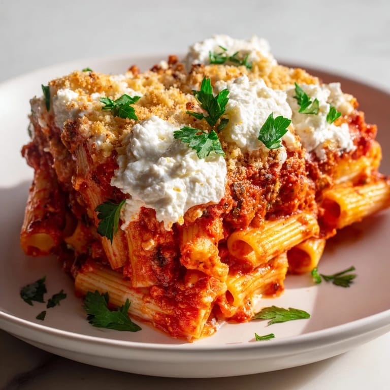 Golden-brown baked ziti, fresh from the oven, showing cheesy layers and pasta in a baking dish.