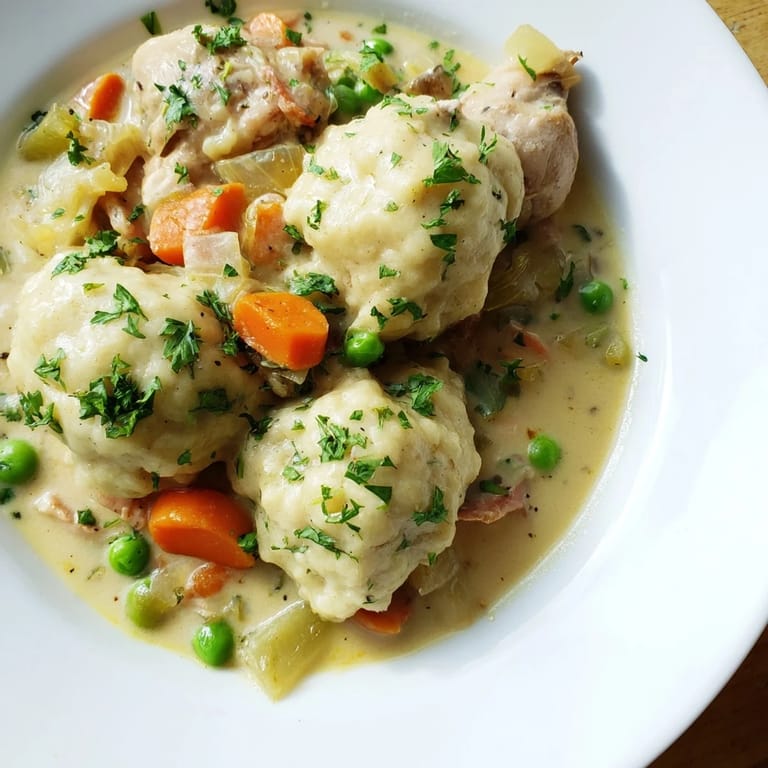 Close-up of a hearty Chicken and Dumplings meal, showcasing tender chicken and creamy sauce.