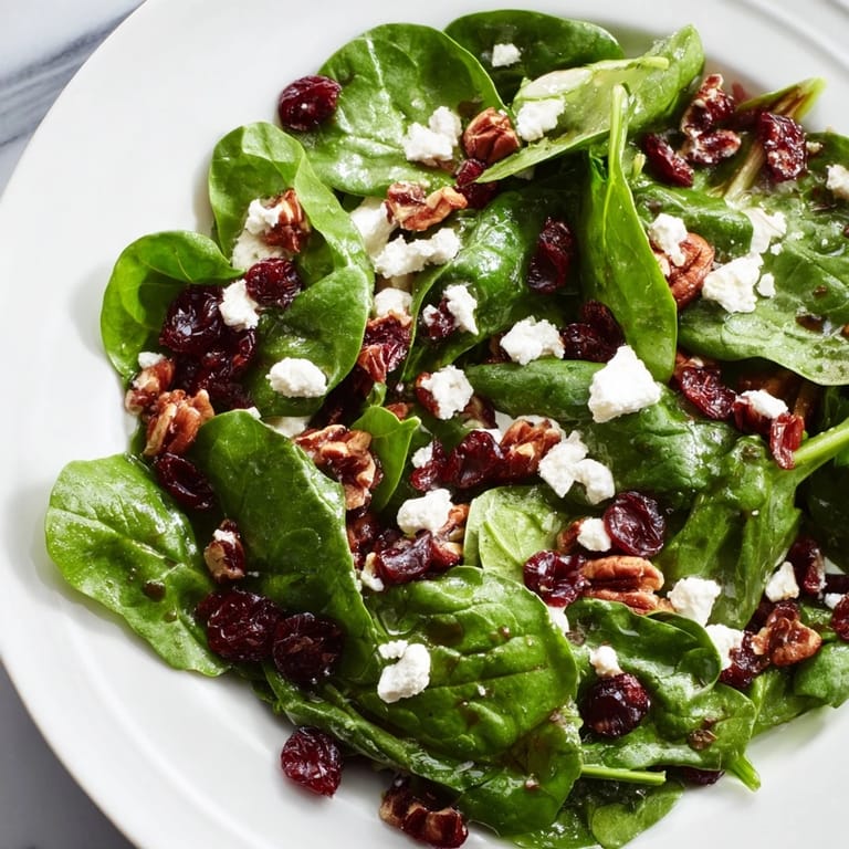 A vibrant Spinach Goat Cheese Salad with creamy cheese, sweet cranberries, and crunchy pecans drizzled with tangy vinaigrette.  