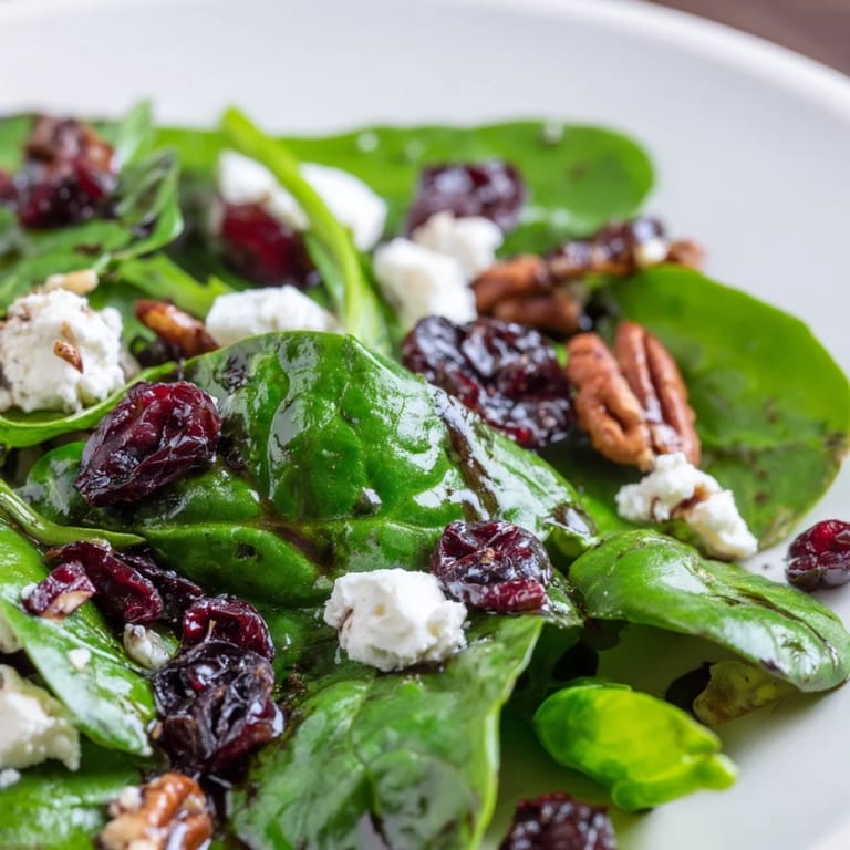 Elegant Spinach Goat Cheese Salad served on a white plate, featuring tender greens and a glossy balsamic dressing.