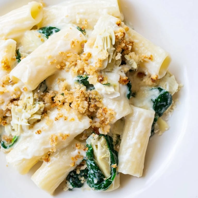 Close-up of a hearty Artichoke Pasta Bake, featuring marinated artichokes and melted cheese, ready to serve.  