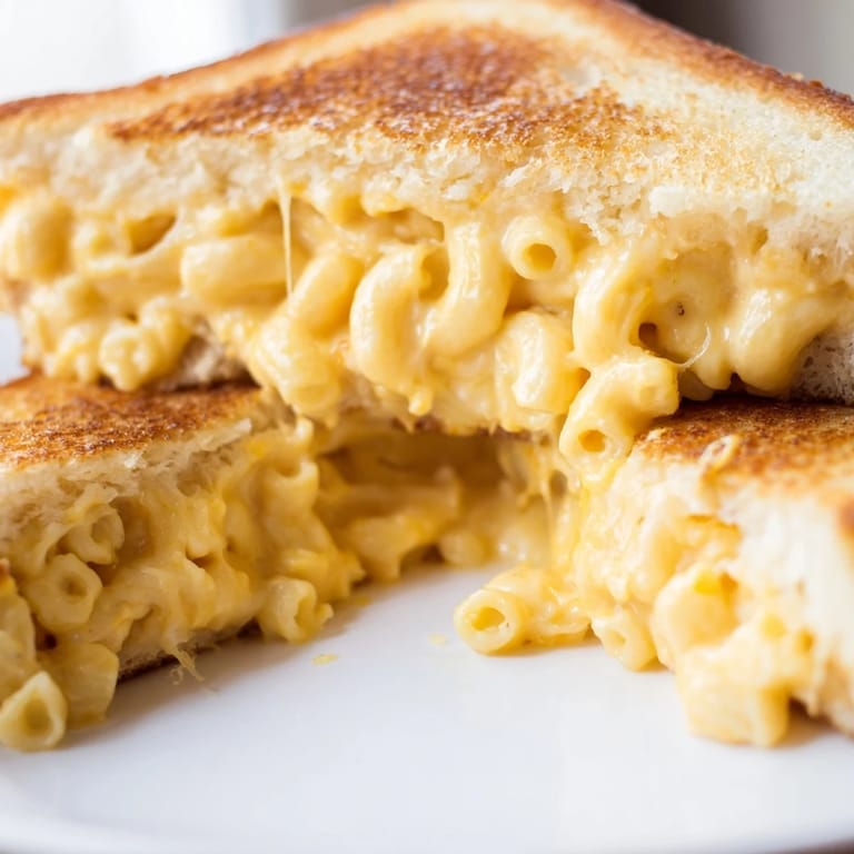 Serving suggestion for mac and cheese grilled cheese, paired with a steaming bowl of tomato soup on a striped napkin.