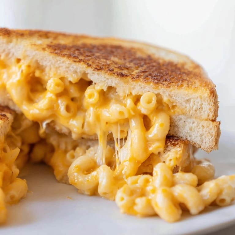 A close-up of a mac and cheese grilled cheese with melted cheddar and macaroni spilling from buttery toasted bread.