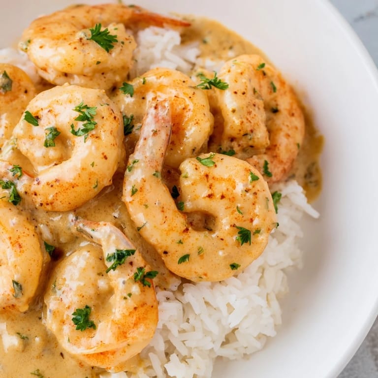 Succulent shrimp in a smoky Cajun cream sauce served over fragrant jasmine rice for dinner.