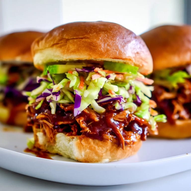 Freshly assembled BBQ Chicken Sliders with tender shredded meat and colorful vegetable slaw for a casual dinner.