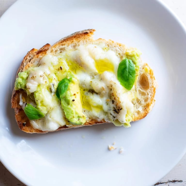 Two warm Avocado Mozzarella Tartines sit on a white plate, ready to enjoy with a drizzle of olive oil.
