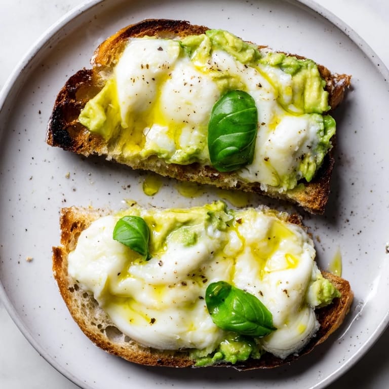 A close-up shows a vibrant Avocado Mozzarella Tartine with gooey cheese and smooth avocado spread on crunchy toasted bread.