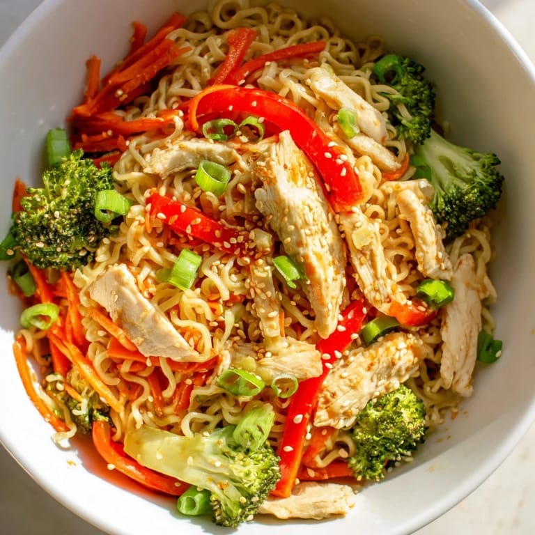 A close-up of Spicy Ramen Stir-Fry with glistening noodles, julienned carrots, and a sprinkle of toasted sesame seeds.