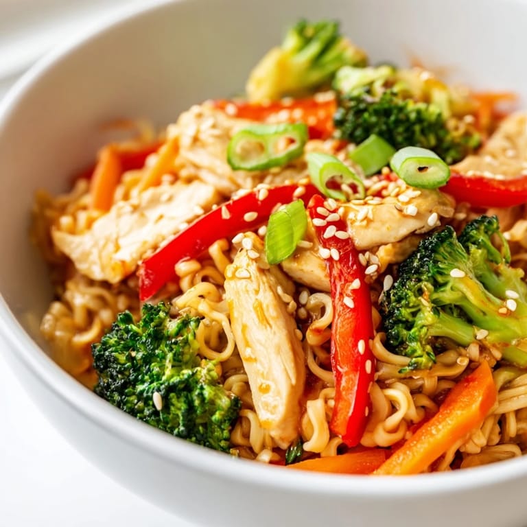 Serve this Spicy Ramen Stir-Fry hot, garnished with green onions and fresh cilantro for a vibrant weeknight meal.