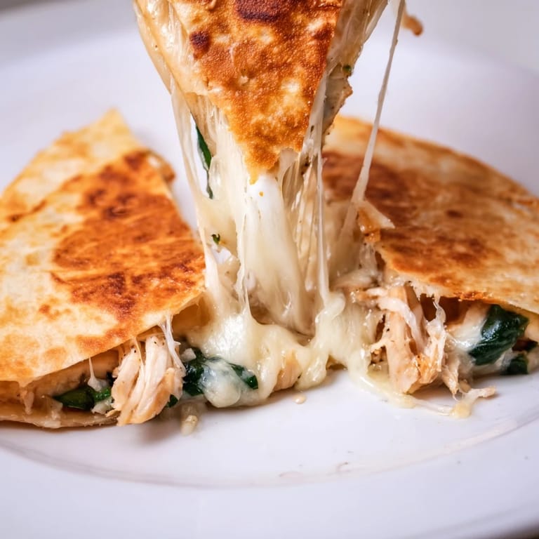 A close-up of a cheesy Chicken and Spinach Quesadilla, golden edges crisp and filling bursting with color.