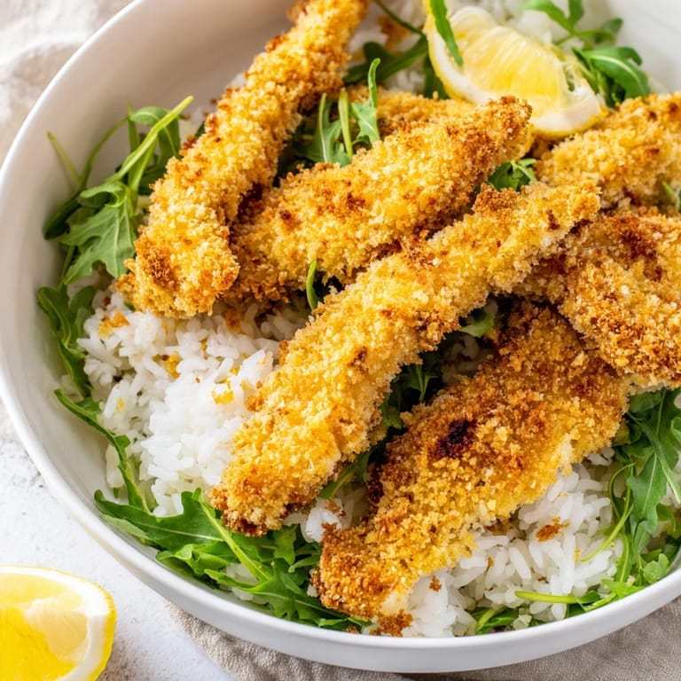 Fusion Parmesan chicken cutlet bowl with crispy breaded chicken, warm rice, and bright arugula garnish.
