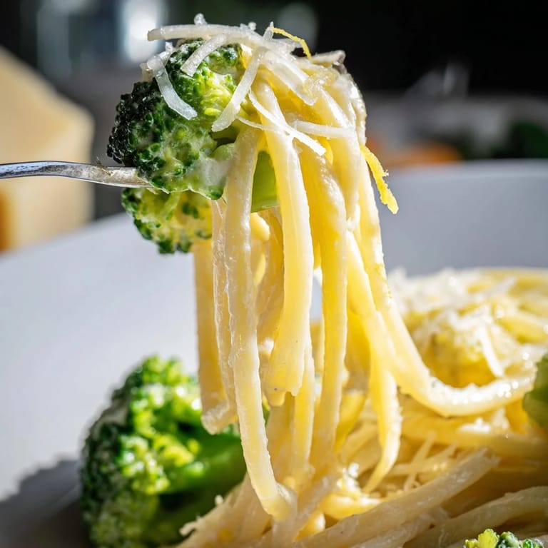 Savory One-Pot Lemon Broccoli Pasta in a white bowl, garnished with Parmesan and cracked pepper.