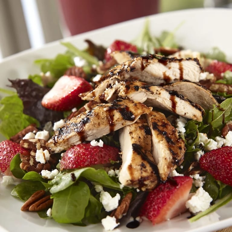 A vibrant plate of Strawberry Balsamic Chicken Salad features juicy strawberries, toasted pecans, and a sweet tangy balsamic glaze over crisp greens.
