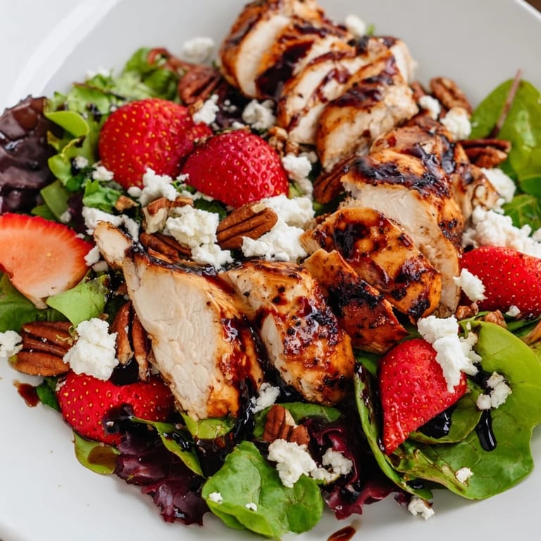Freshly prepared Strawberry Balsamic Chicken Salad with colorful ingredients including red onion, creamy feta, and sliced grilled chicken, ready to serve.