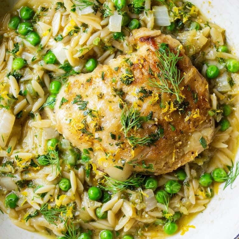 A close-up view of the finished Lemon Herb Chicken Orzo Skillet, showcasing the savory chicken, orzo pasta, and green peas in a bright, herb-flecked lemon sauce.
