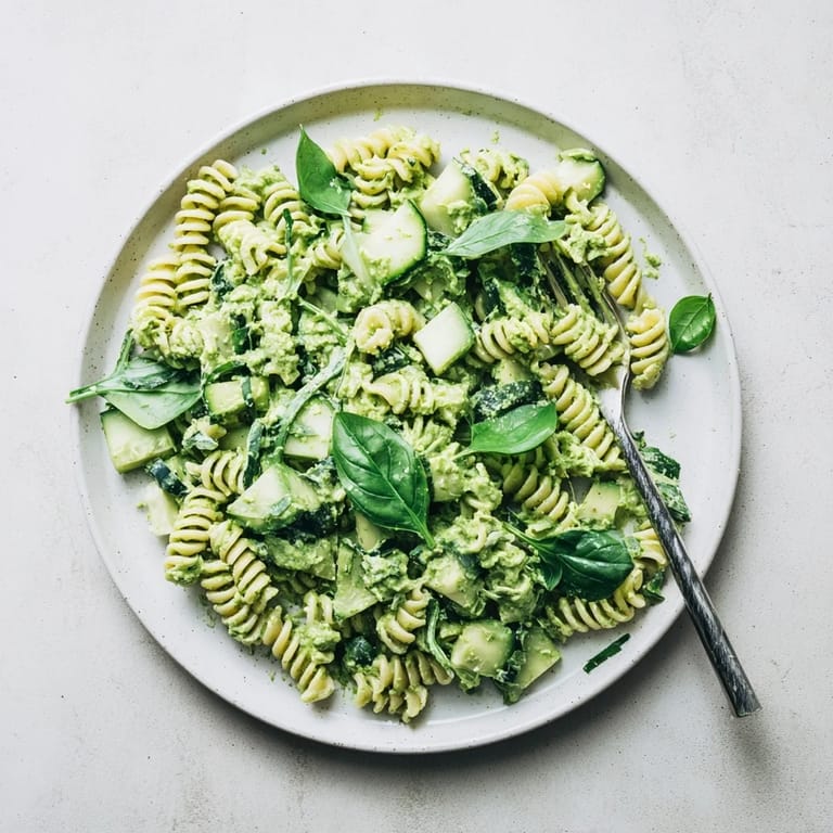 Fresh herbs and spinach blend into the creamy avocado-yogurt dressing for a refreshing Green Goddess Pasta Salad ready for a picnic.