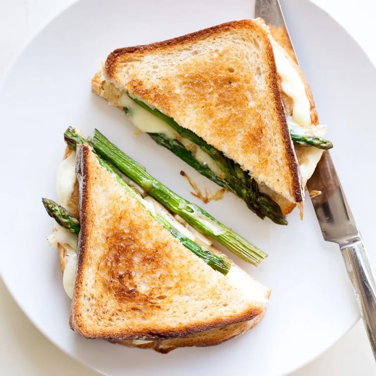 Rustic sourdough Asparagus & Brie Grilled Cheese showcases grilled spears and melted Brie, cut diagonally on a wooden board for a perfect lunch.