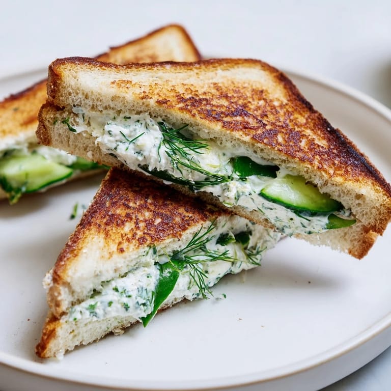 Close-up view of Whipped Feta Spring Grilled Cheese, showcasing crispy sourdough crust and melty whipped feta and cream cheese mixture with fresh herbs.