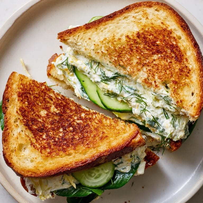 A plate of Whipped Feta Spring Grilled Cheese with sliced cucumber and scallions, ready for a bright and tangy spring lunch.