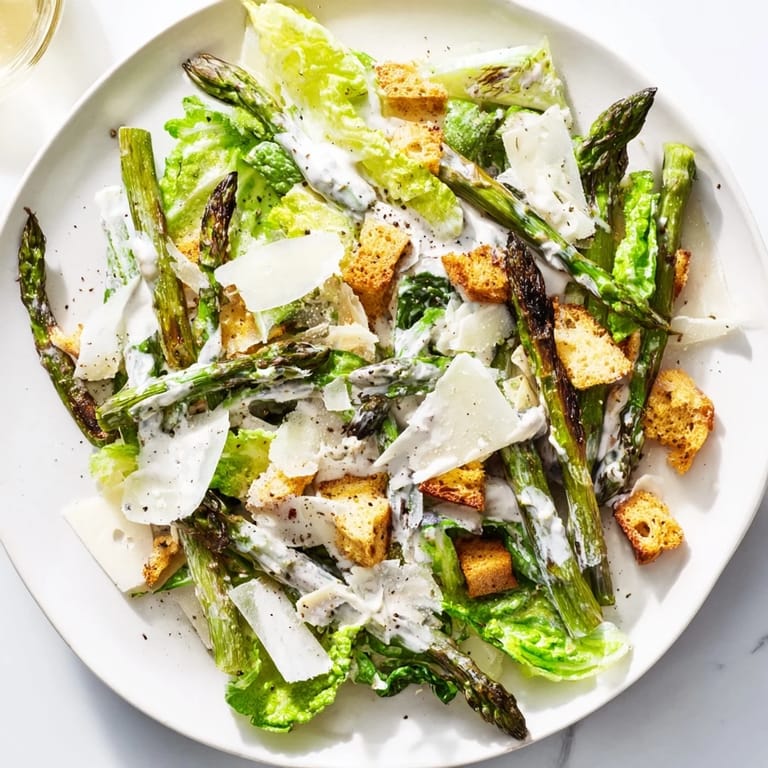 Charred asparagus adds a smoky flavor to this Roasted Asparagus Caesar Salad, featuring homemade croutons and a creamy yogurt-based dressing.