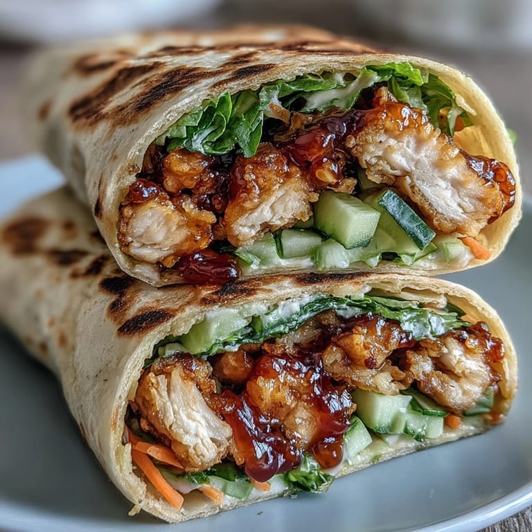 Loaded Honey Chili Crunch Chicken Wrap, a flavorful, easy lunch roll-up.