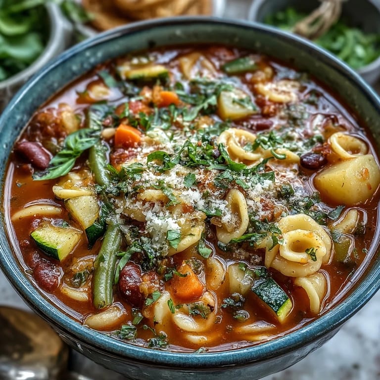 Warm and comforting Minestrone Vegetable Soup served in a rustic ceramic bowl, showcasing colorful seasonal vegetables and a rich, tomato-based broth garnished with fresh basil.