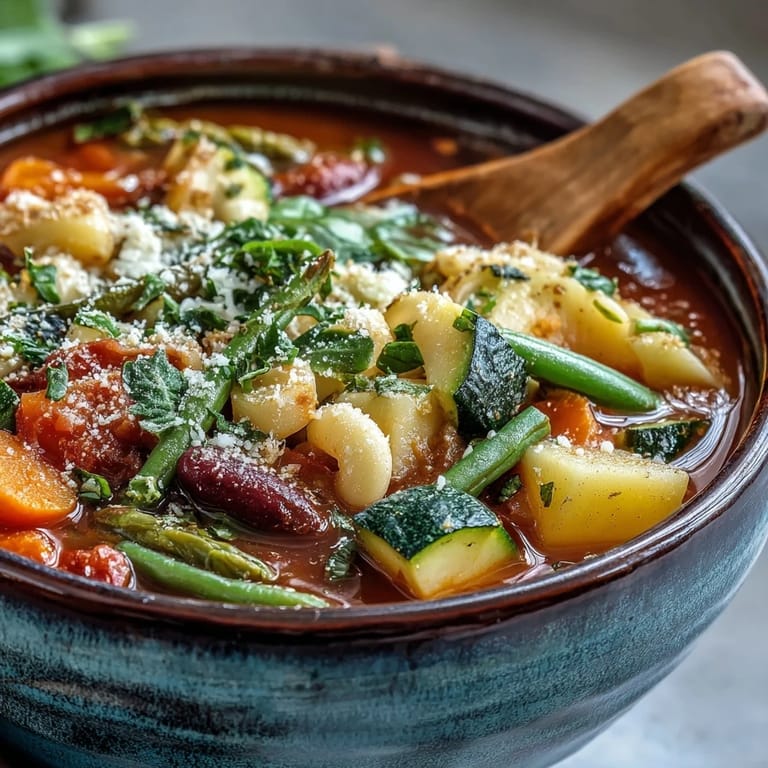 Hearty Minestrone Vegetable Soup simmered in a pot with aromatic herbs, featuring green beans and cannellini beans alongside crusty Italian bread on the side.
