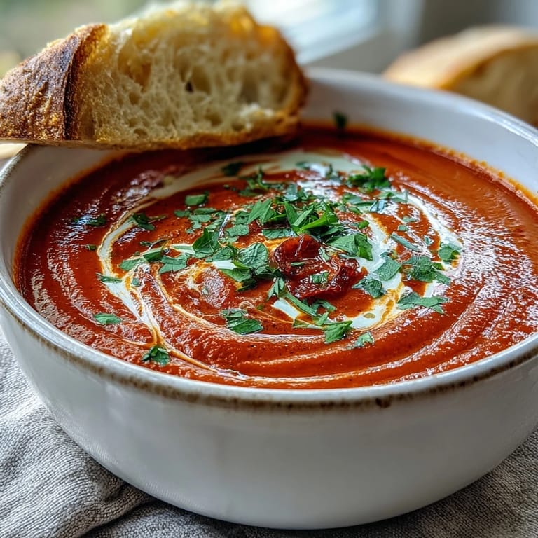 Silky roasted red pepper soup served in a rustic bowl with crusty bread on the side for dipping.  