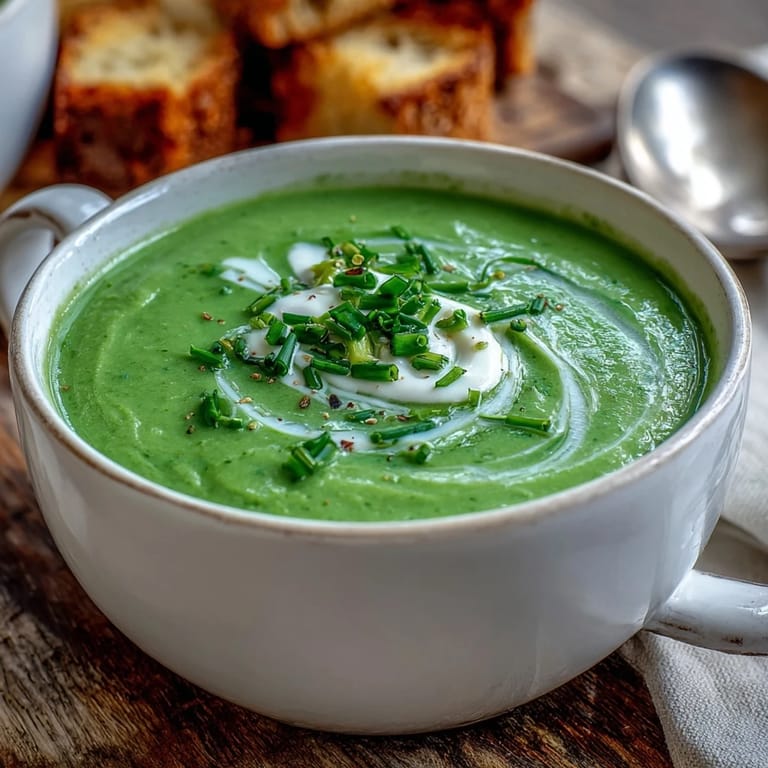 Hearty bowl of homemade creamy broccoli soup served with crusty bread, showing velvety texture and rich green color in natural light.