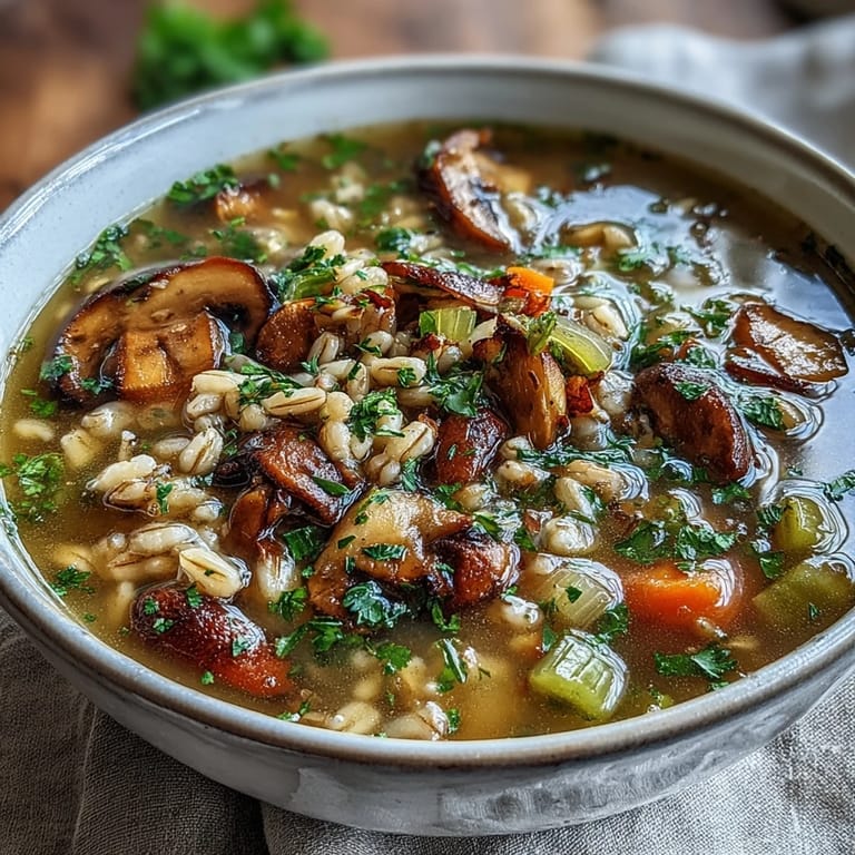 Mushroom and Barley Soup simmering in a pot, featuring tender sliced mushrooms, diced carrots, and chewy barley in a rich, savory broth.